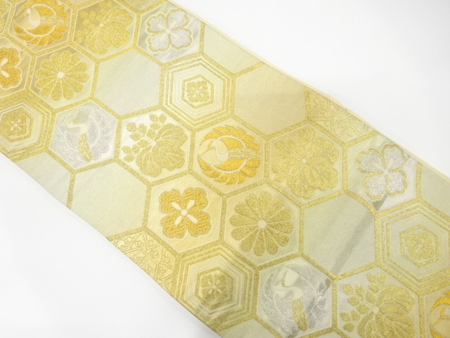 アンティーク　亀甲に鶴・菊・桐模様織り出し袋帯（材料）